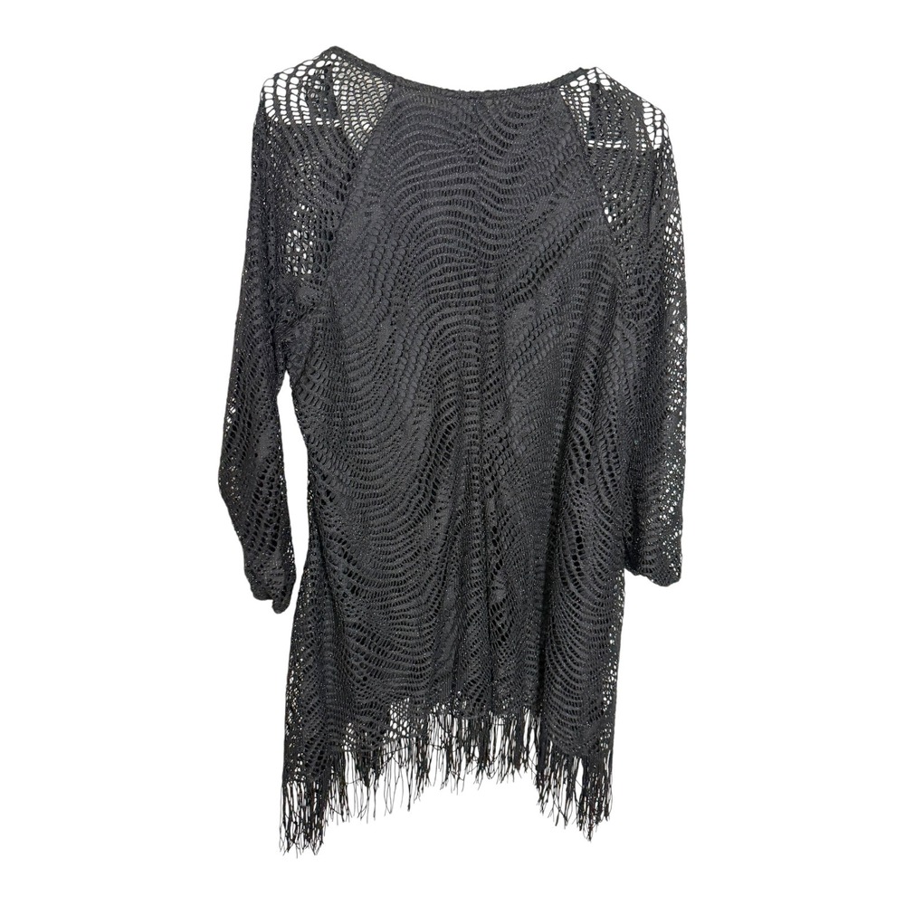 New Directions Woman 1X Black Crochet Fringe Tunic Metallic Shimmer Boho Goth